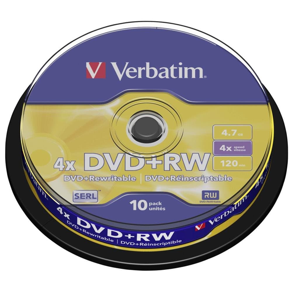 Verbatim DVD-RW 4 x 4.7 GB, Pack of 10 Spindle, DVD Blanks Writeable, 4x Burning Speed & Hardcoat Scratch Guard, DVD Empty, Blanks DVD Rewritable