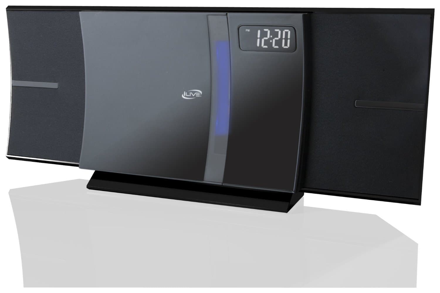 iLive Bluetooth CD Micro Stereo System with Built-in FM Radio & USB Charging Port, Ambient Blue LED Light Effects Digital Clock & Sleep Timer, Wall Mountable, Full Function Remote Included