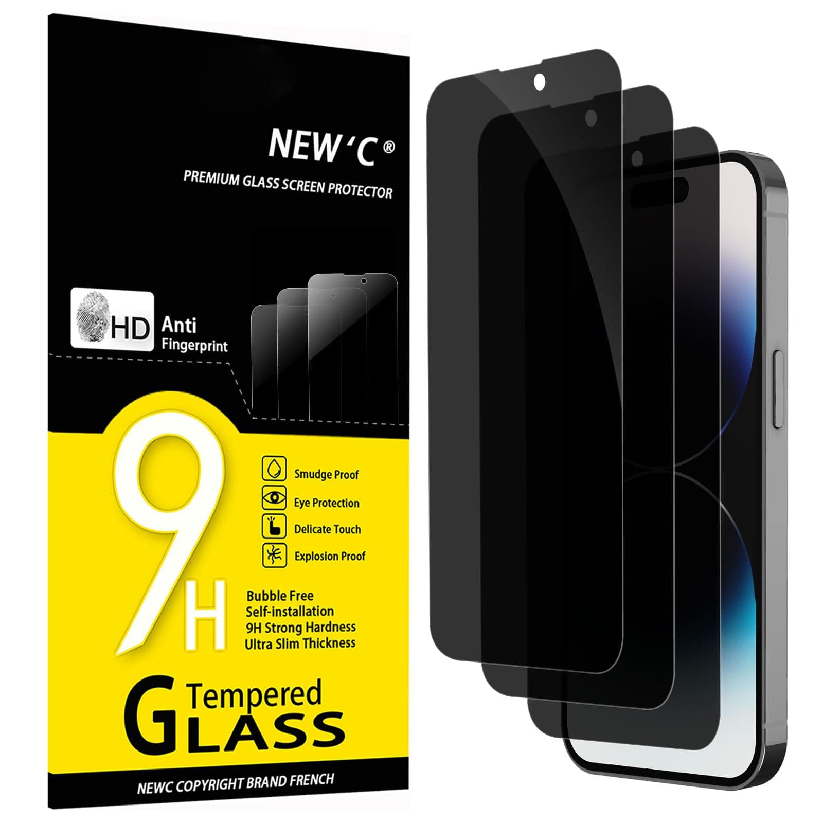 NEW'C Pack of 3 for iPhone 14 Pro (6.1 inch) Anti-Peeping Glass Film Protective Film Tempered Glass Case Friendly Super Durable