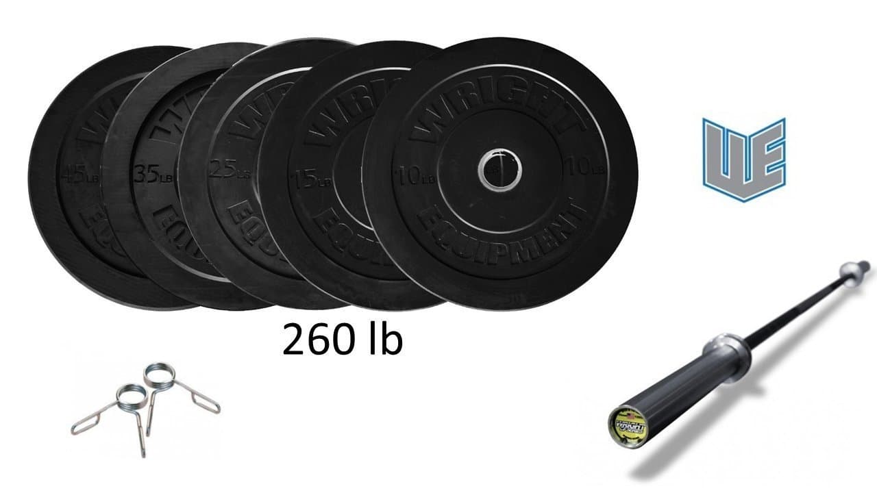 Wright Equipment 260lb Bar and Bumper Set - Black Olympic Rubber Bumper Plates Weight Set & Women's 15kg Bar