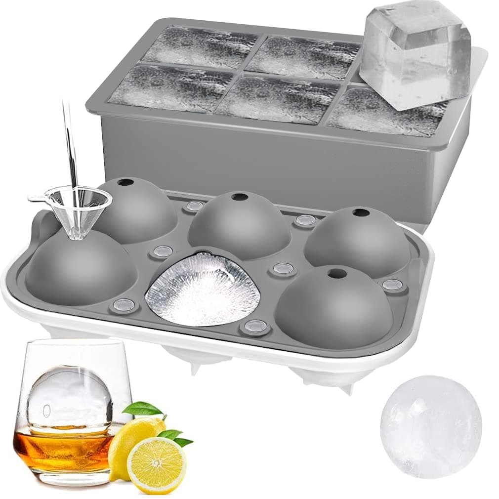 ROTTAY Ice Cube Trays (Set of 2), Sphere Ice Ball Maker with Lid & Large Square Ice Cube Maker for Whiskey, Cocktails and Homemade, Keep Drinks Chilled, Grey