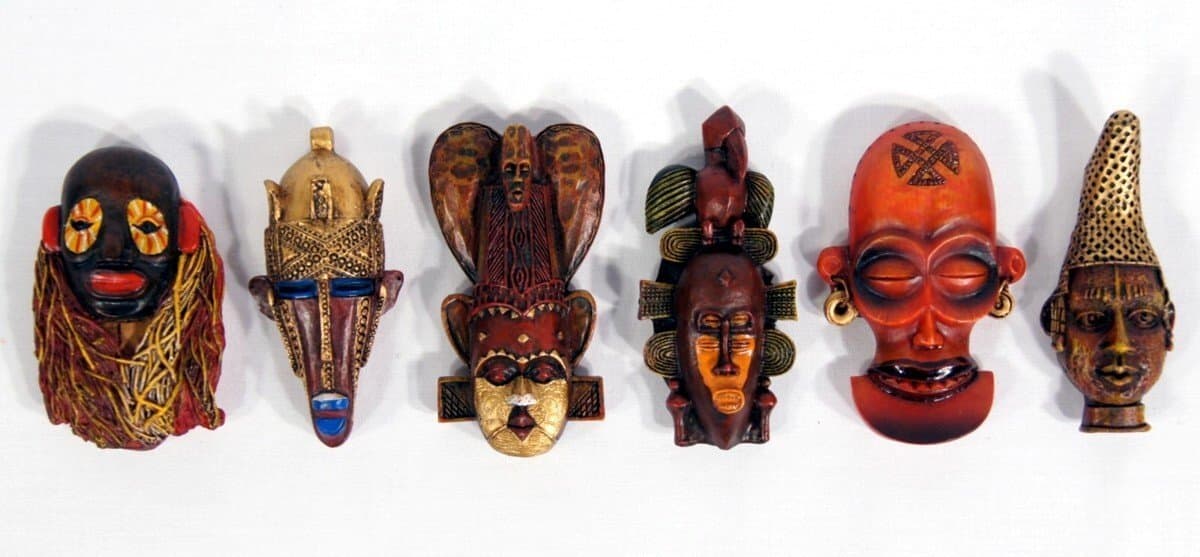 XL Handpainted Poly Stone African Mask Arts Assorted Magnet (Set of 6 B)