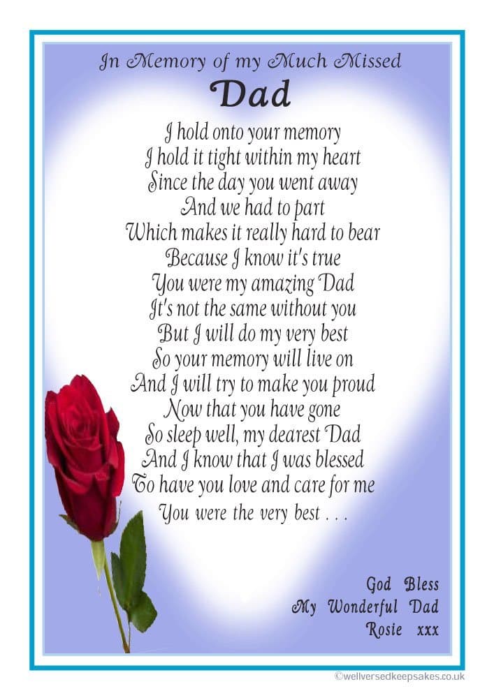 Unique Personalised Grave Card to My Much Missed Dad - Includes Fixing Stake - A Laminated Memorial Marker Featuring a Bereavement Poem by Impish Odes - Blue Design