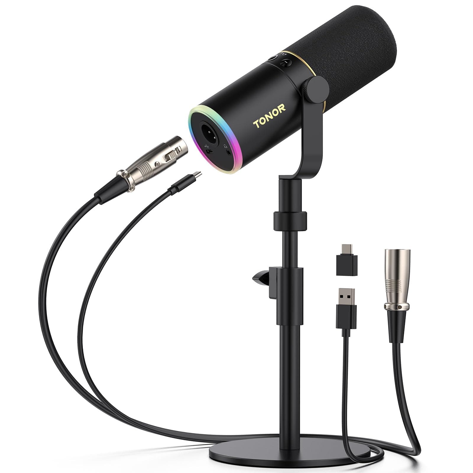 Dynamic Podcast Microphone, XLR/USB Mic for Recording, Streaming, XLR Cardioid Studio Mic with Quick Mute, Volume Control, 200 cm Cable, with RGB and Desktop Stand, Black, TD520S