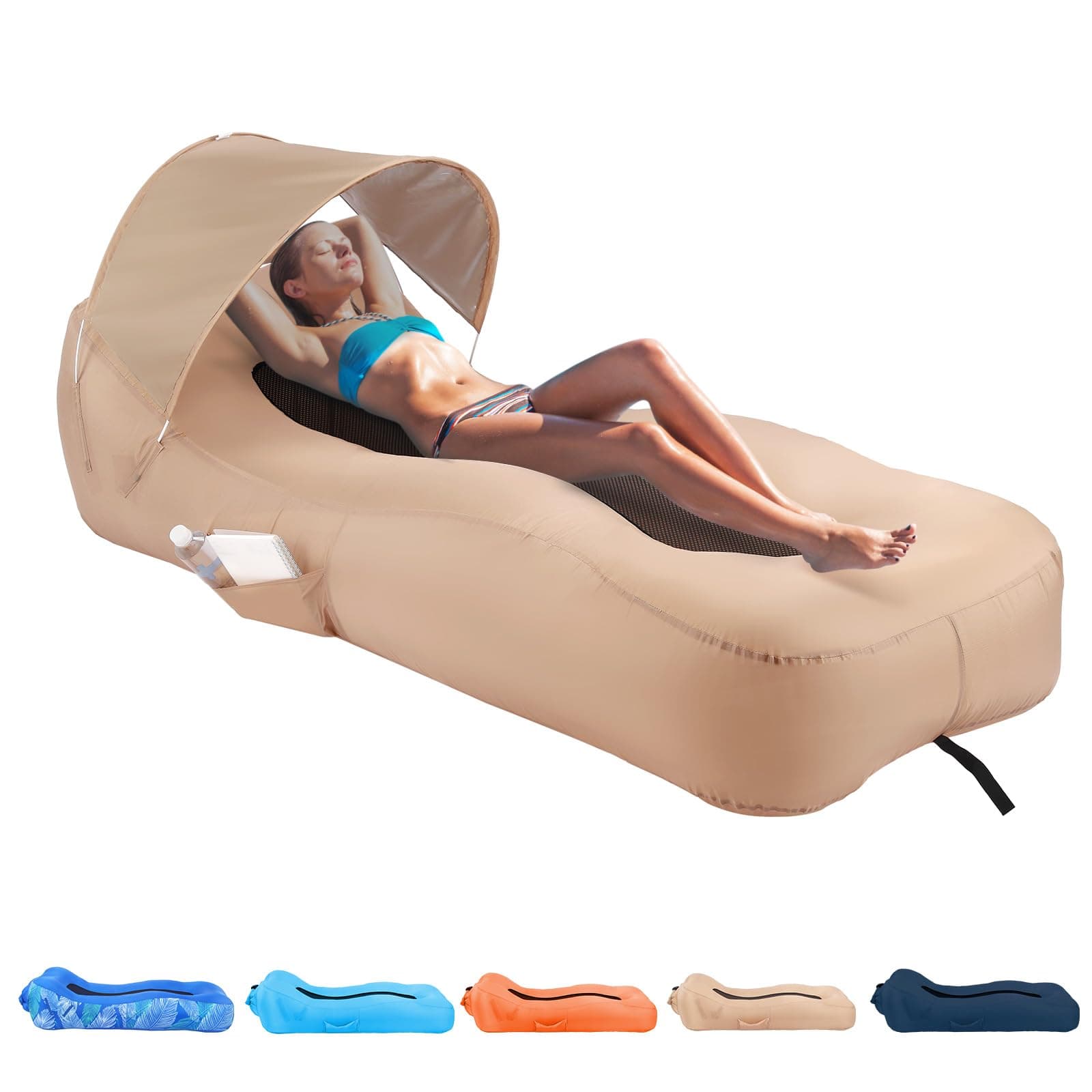 Inflatable Lounger Air Sofa with Unique Sun-Shade Design, Inflatable Beach Bed with Pillow, Waterproof Inflatable Couch Camping Chair Hammock for Hiking Backyard Travel Beach Park Picnics