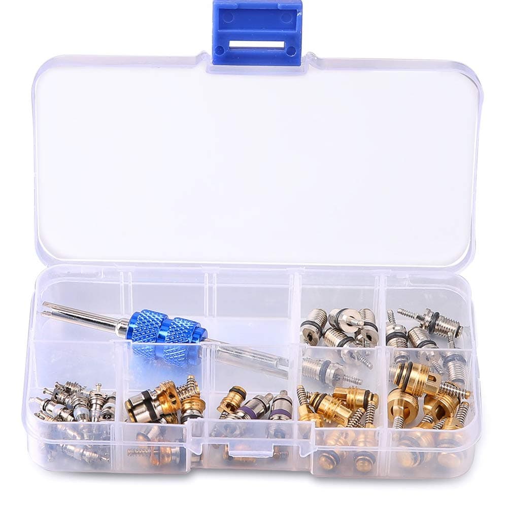 39pcs Car Refrigeration A/C Valve Core Kit R12 R134A Automotive Air Conditioning Tire Valve Stem Cores with Removal Tool Assortment