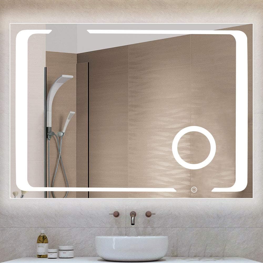 QiMH 32x24 Inch Wall Mounted LED Lighted Bathroom Vanity Mirror with Touch Button and Plug, Built-in 3X Magnified 5.5 Inch Mirror, Anti-Fog, Dimmable Lighting and Stepless Dimming