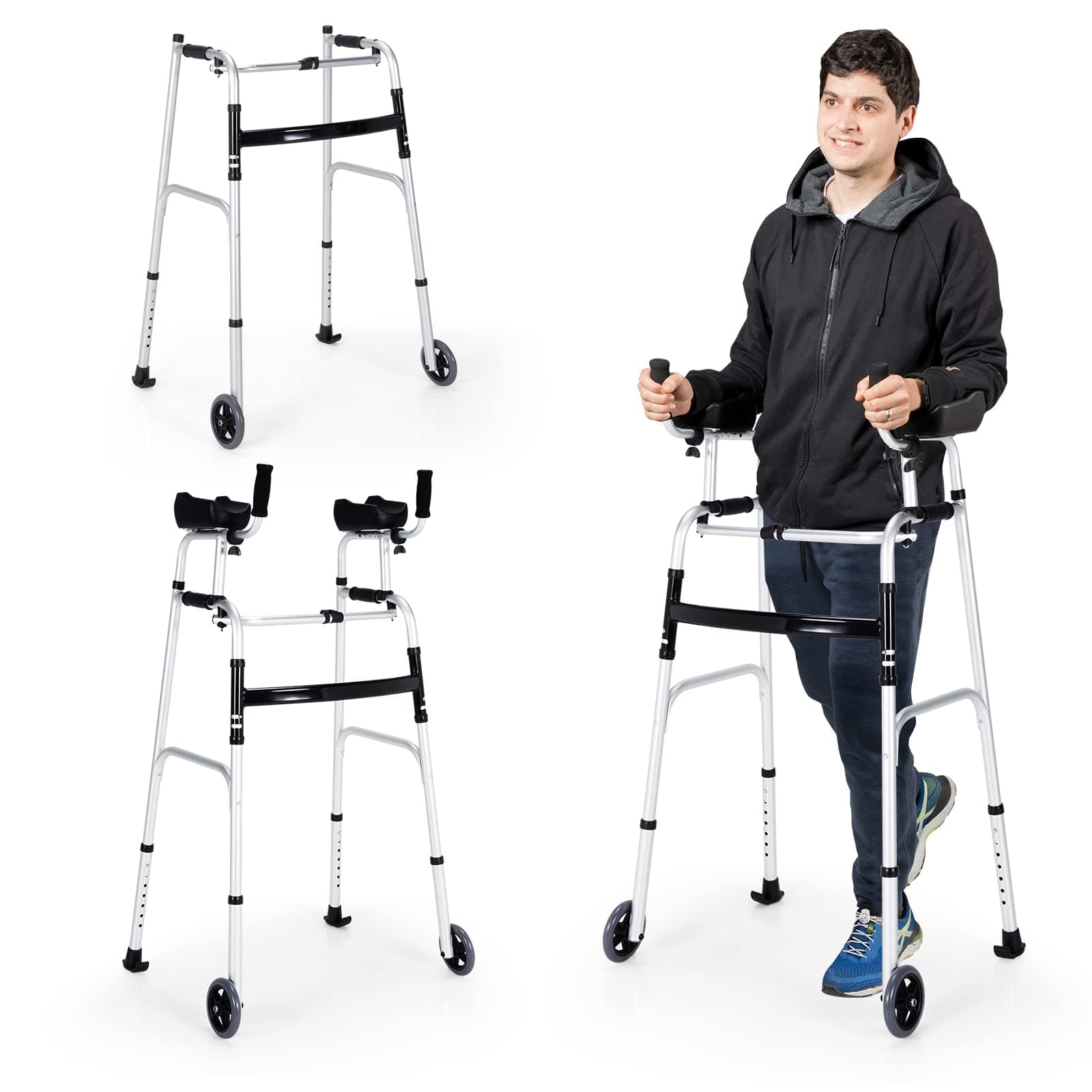 Goplus Walkers for Seniors, Foldable Standard Walker with 5’’ Wheels and Removable Padded Armrests 440lbs, Lightweight Walking Mobility Aid, Folding Platform Walker for Elderly, Handicap, Disabled