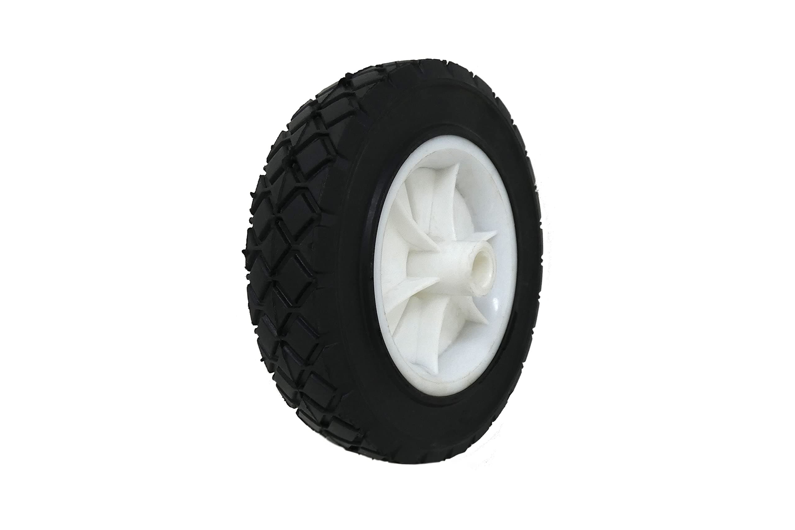 Shepherd Hardware 9611 7-Inch Semi-Pneumatic Rubber Replacement Tire, Plastic Wheel, 1-1/2-Inch Diamond Tread, 1/2-Inch Bore Offset Axle,White
