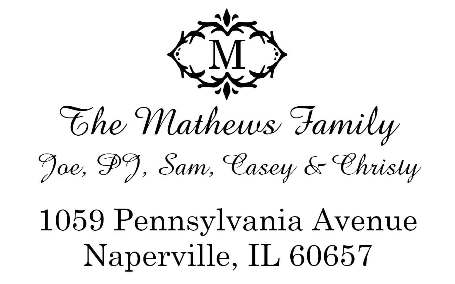 Personalized Designer Series Monogram and Family Name Custom Pre Inked Address Stamp