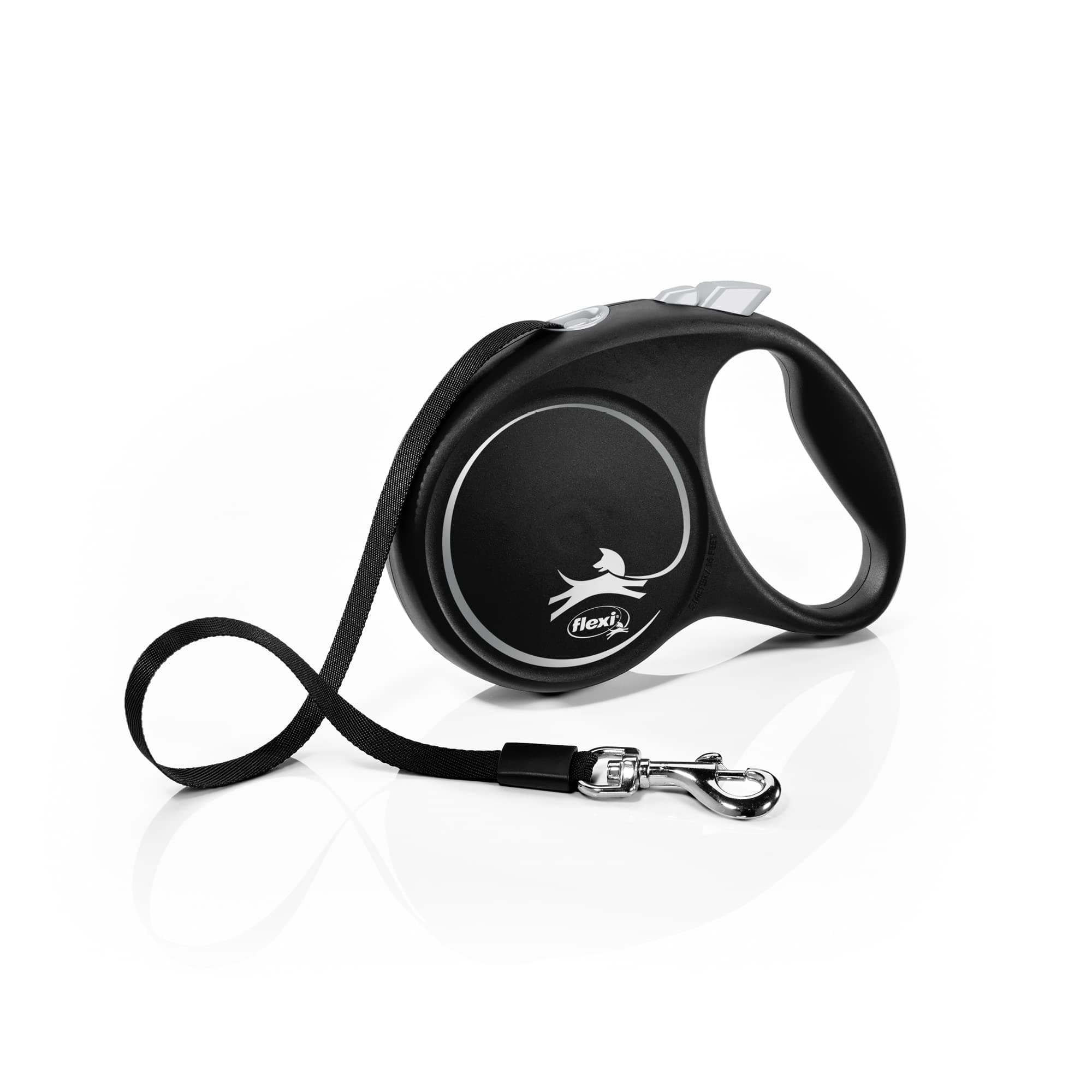 – flexi Black Design M Tape 5 m black/silver, retractable leash for dogs up to 25 kg