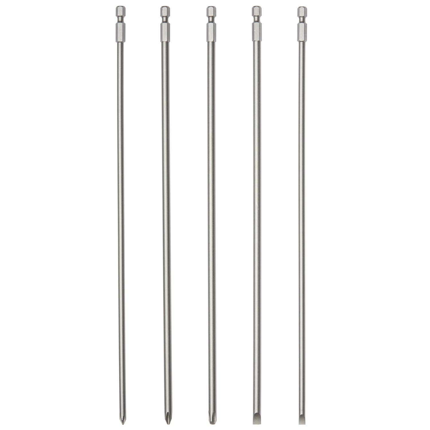 NEIKO 10043A Extra Long Bit Set | 5-Piece | Cr-V Steel | 12-Inch Length Phillips and Slotted Screwdriver Bits |1/4-Inch Hex Shank | Power Driver Bit Set