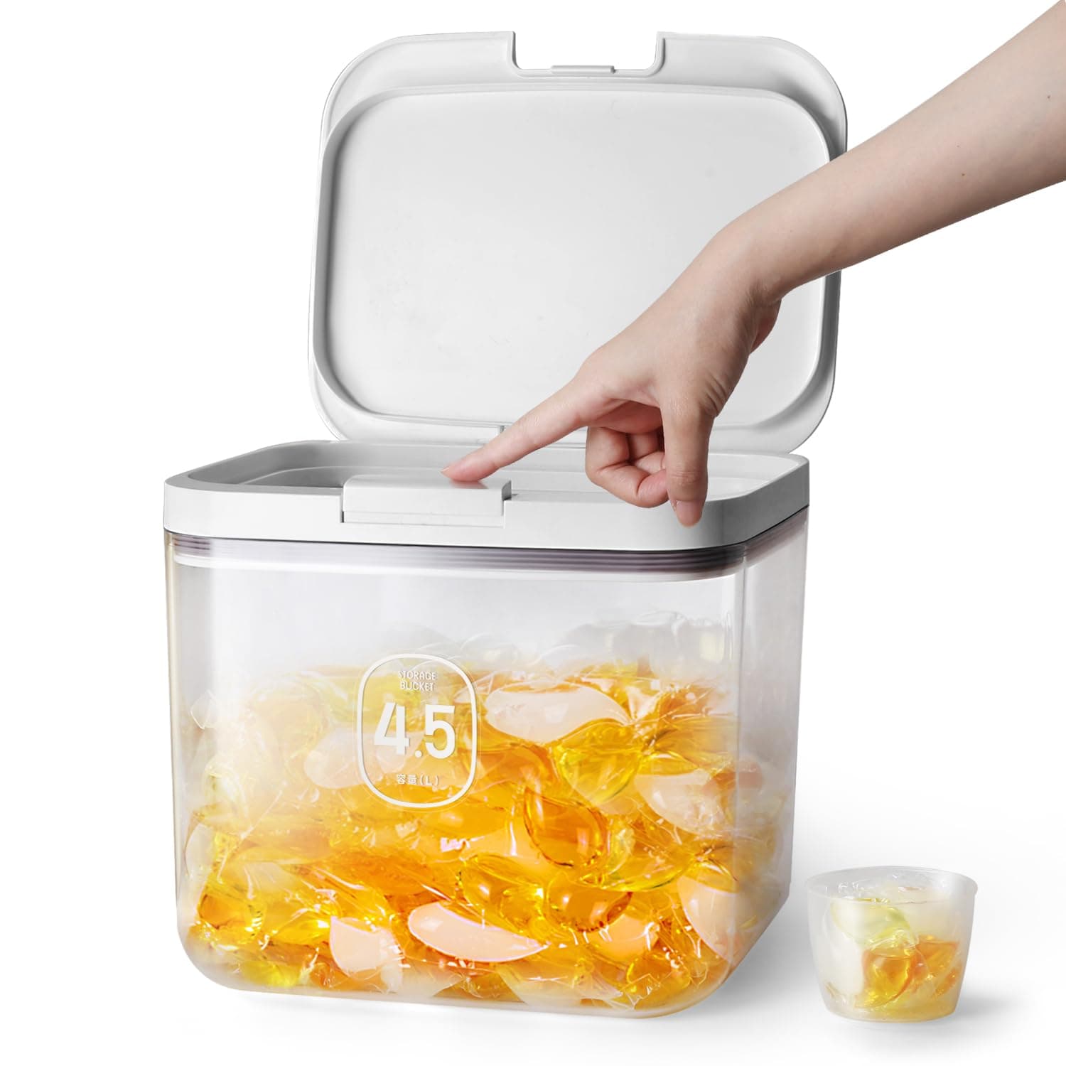 LivLab Mker Laundry detergent dispenser with One-Press Lid,for laundry room organization,Clear PET laundry powder container with Measuring Cup,laundry pods container 4.5L/10Lbs/160oz(220 Pods)