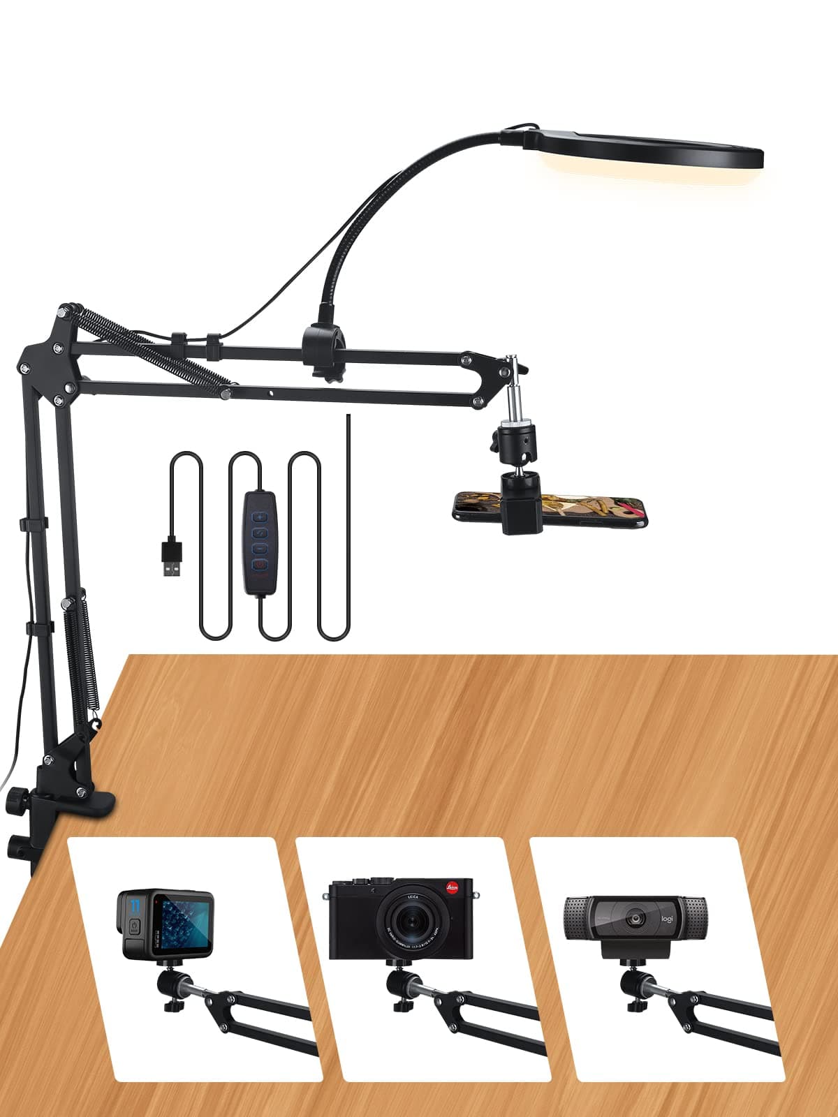 Upgrade Overhead Camera Phone Mount, Ring Light Phone Stand for Recording, Flexible Overhead Desk Tripod for Photography/Makeup/Nail/Live Stream Video/YouTub/Zoom Meeting