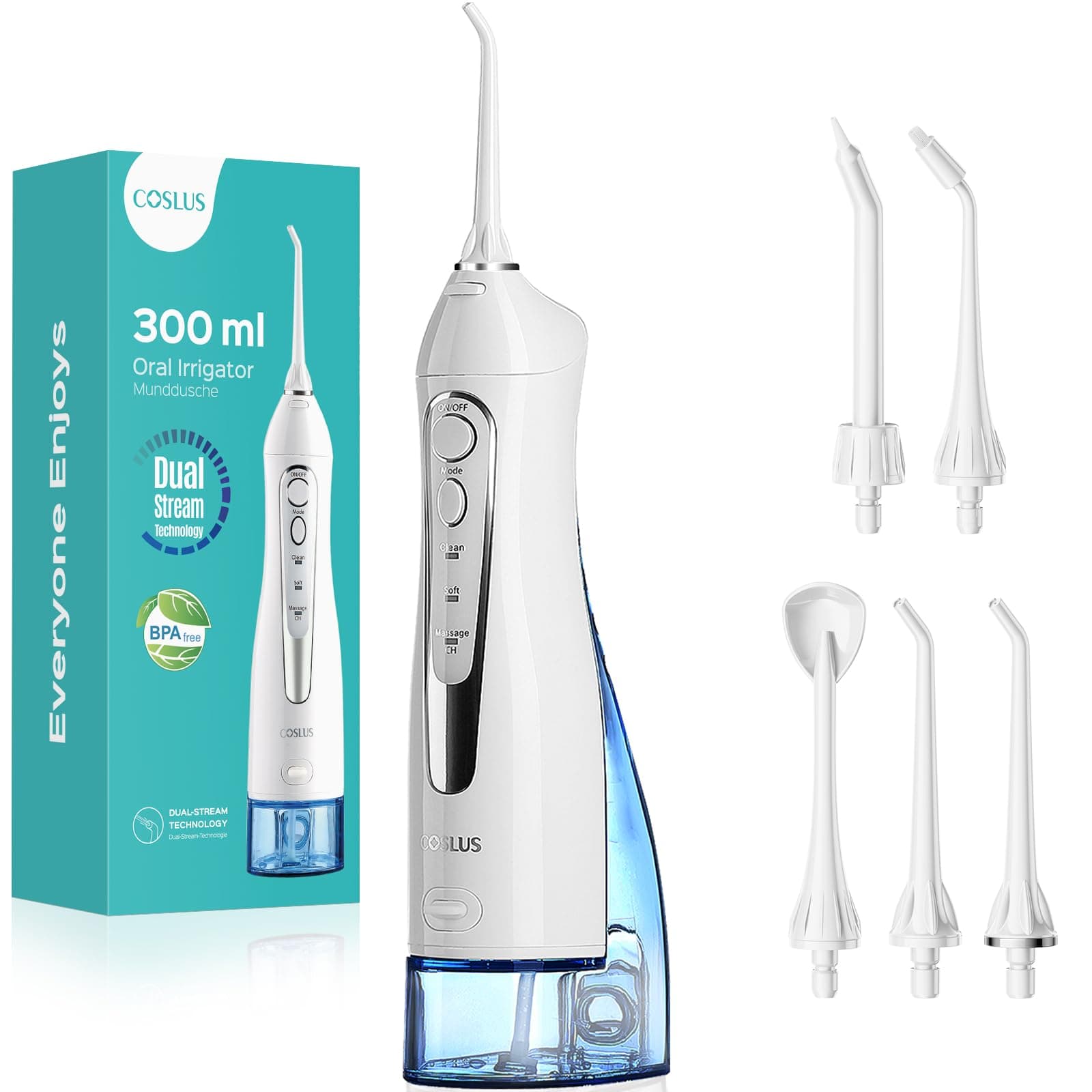 Large Capacity Water Dental Flosser: Portable, Replaceable Heads, 300ml, Easy to Use, IPX7 Waterproof, Travel-Friendly Oral Irrigator (White(Blue water tank))