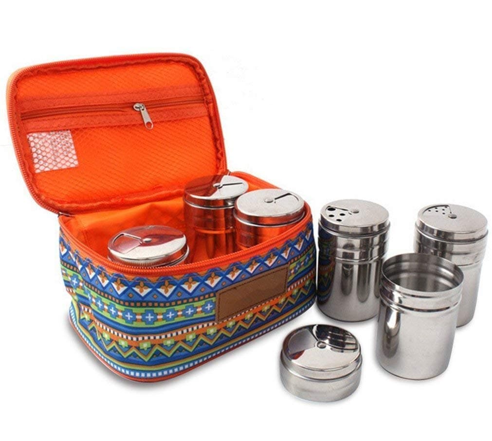 Gracelaza Set of 6 Spice Jars Stainless Steel Spice Containers Salt Sugar Pepper with Rotating Cover and Packing Bag for Kitchen Cooking Barbecue