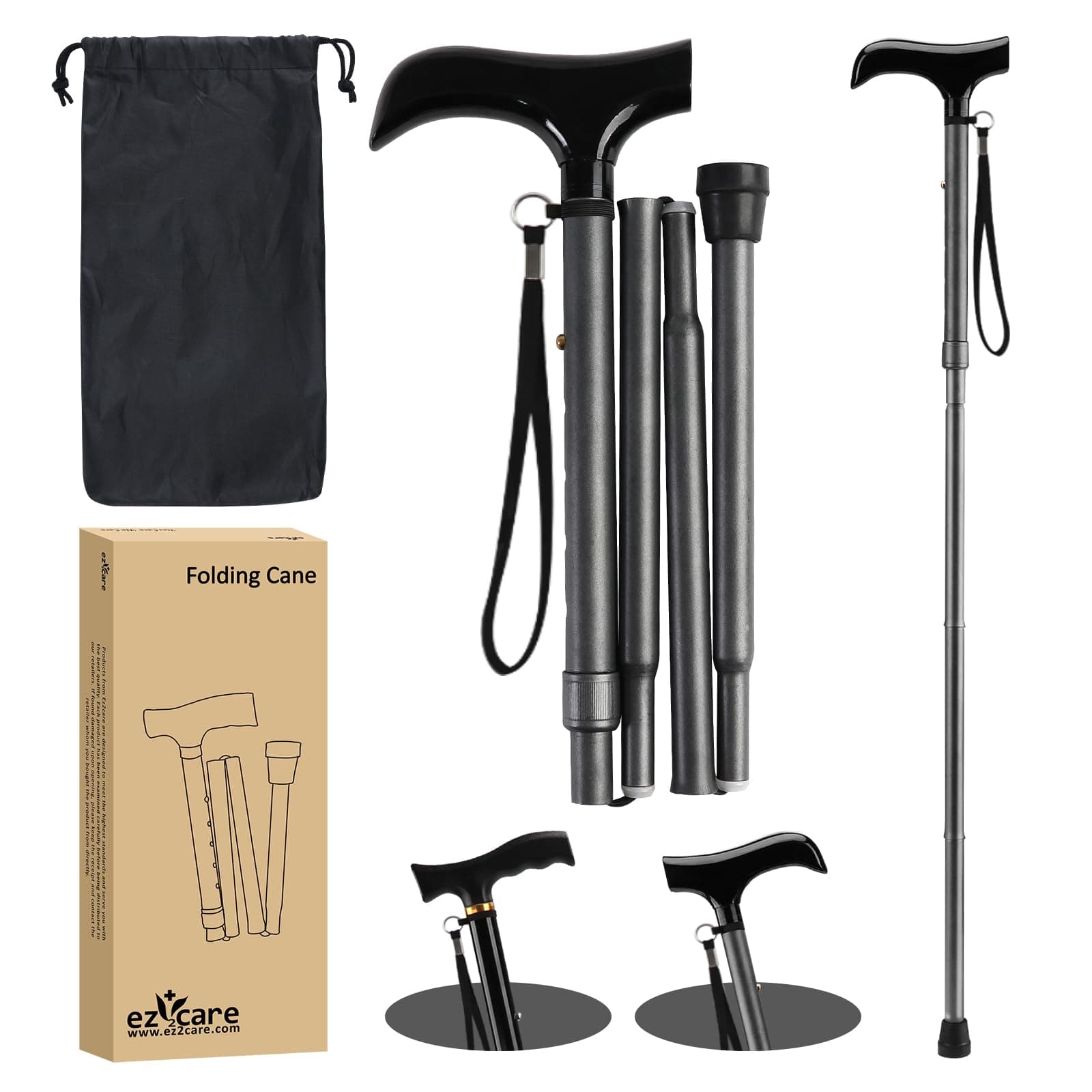 Ez2care Foldable Walking Cane – Adjustable Lightweight Collapsible Walking Stick with Ergonomic Grip, Slip-Resistant Tips & Portable Travel Design – Mobility Aid for Seniors, Adults, and Elderly