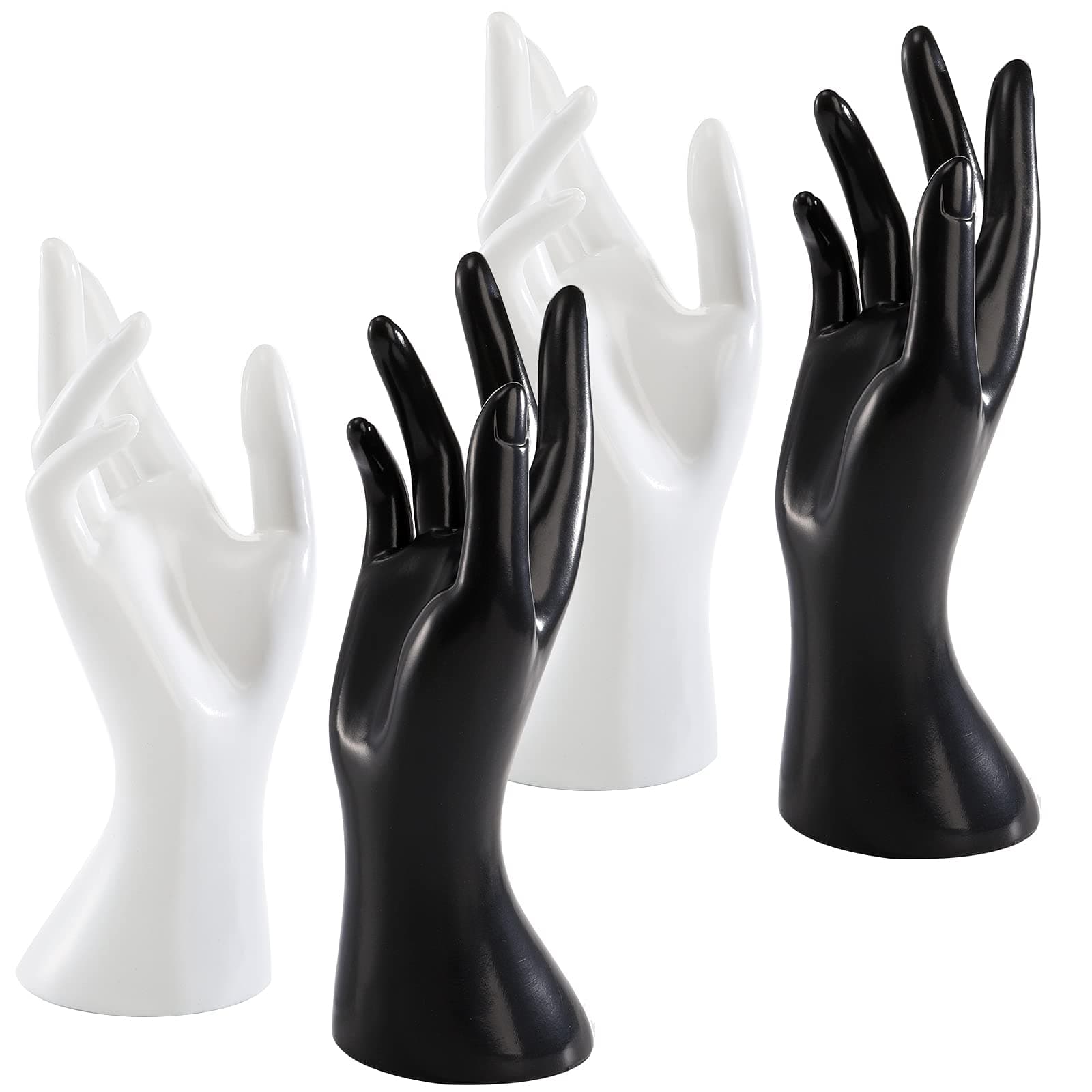 Okllen 4 Pcs Female Mannequin Hand, Plastic Right Hand Ring Display Stand Jewelry Organizer, Earring Bracelet Bangle Necklace Holder for Jewelry Storage, Shopping mall, and Home, B&W