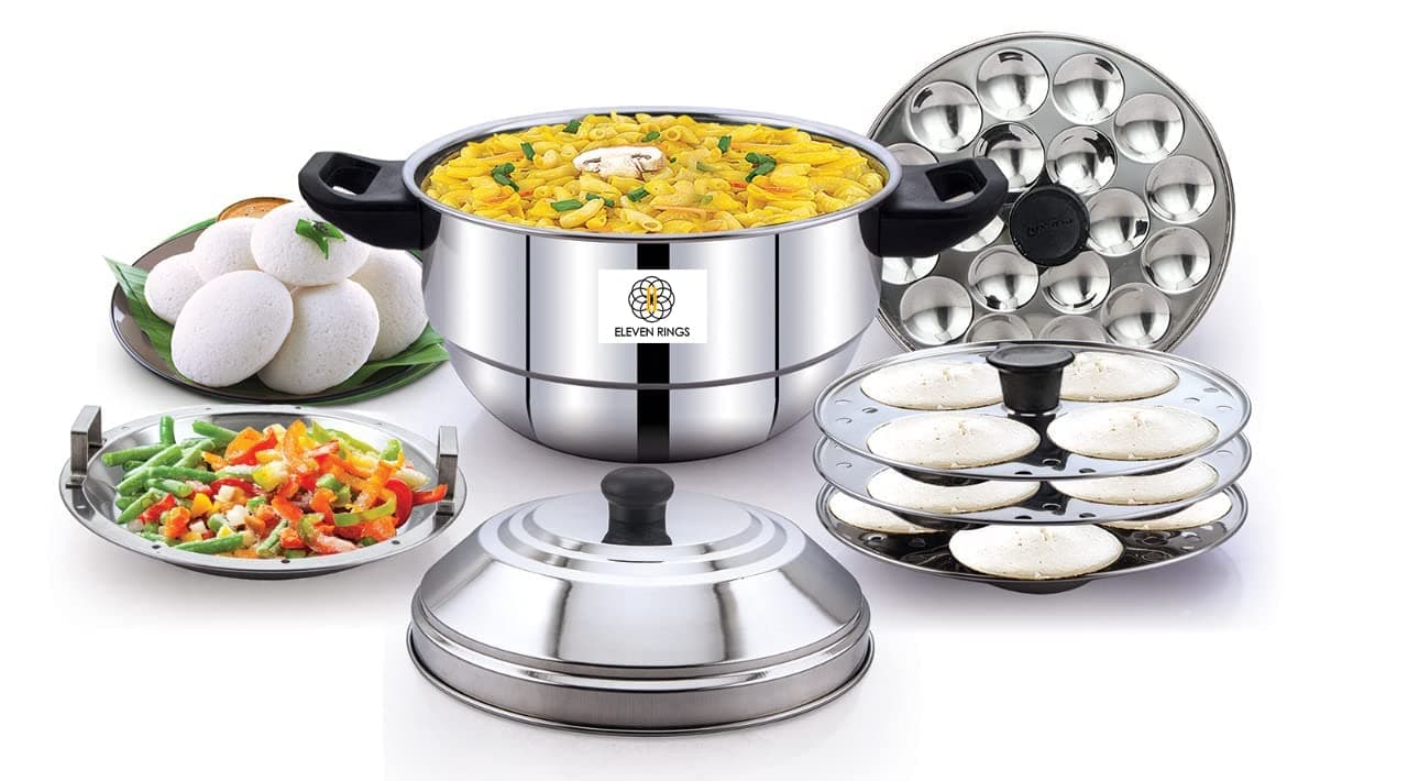 All In One Stainless Steel Idli Cooker/Idli Maker | Includes 1 Steamer Plate, 1 Mini Idli Plate & 3 Idli Plates | Modern And Sturdy Design | Gas Stove & Induction Friendly