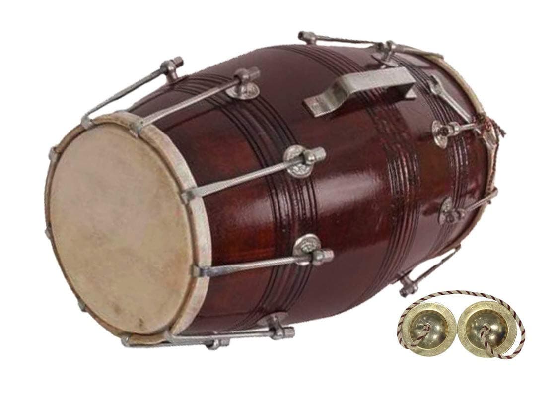 GT manufacture Professinal Mango wood Nut & Bold fitting Dholak with Manjira Free02(Brown)