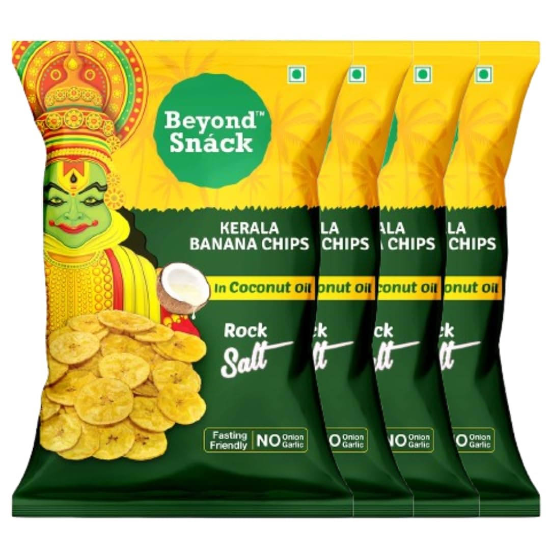 Beyond Snack Nendran Kerala Banana Chips | Made with 100% Coconut Oil & Rock Salt | Fasting special | Thin Cruchy Crispy Snack |320g (80g * 4packs)