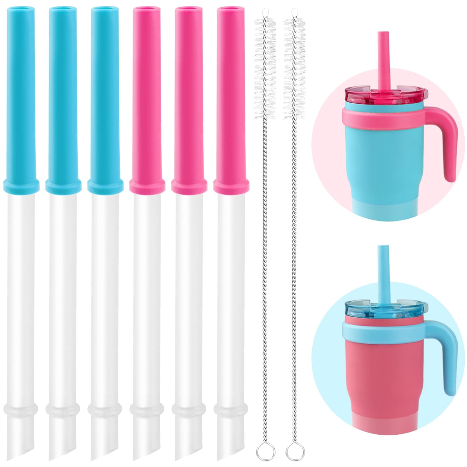 Replacement Straws Set Compatible With Reduce Kids Coldee 2.0 Tumbler 14 Oz,Spill-Proof Replacement Silicone Top Lid Parts- 6 Silicone Valve and Straw,2 Cleaning Brushes (Blue+ Rose)