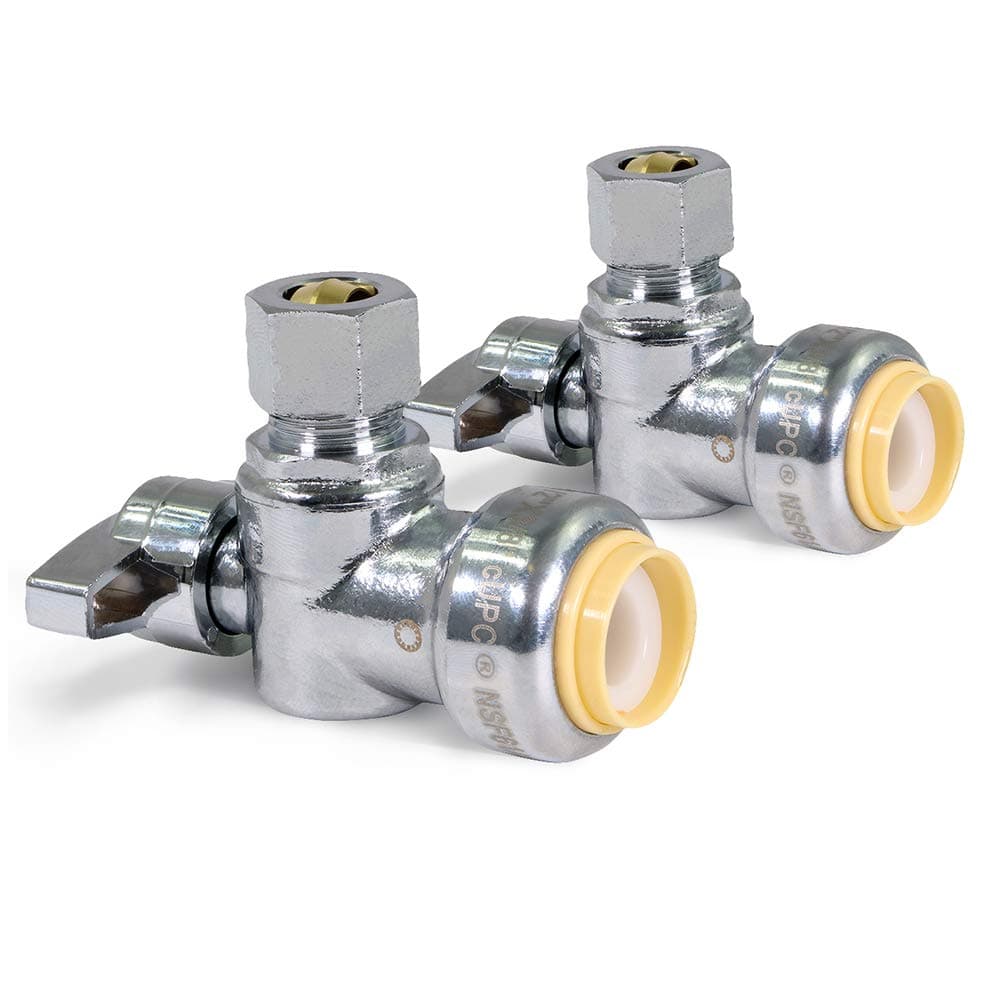 Pushlock UPASC1214-2 1/4 Turn Angle Stop Valve Water Shut Off 1/2 Push x 1/4 Inch Compression Chrome Pack of 2