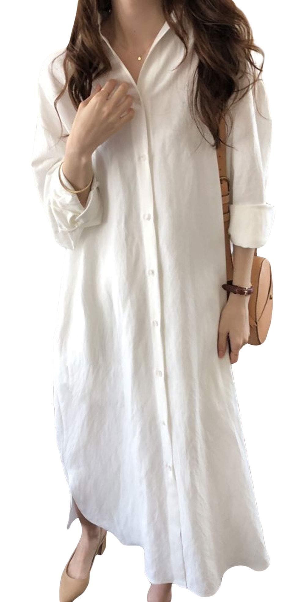 GGUHHU Womens Chic Button Down Rolled-Up Sleeve Long Cotton Blouse Maxi Dress (XX-Large, White)