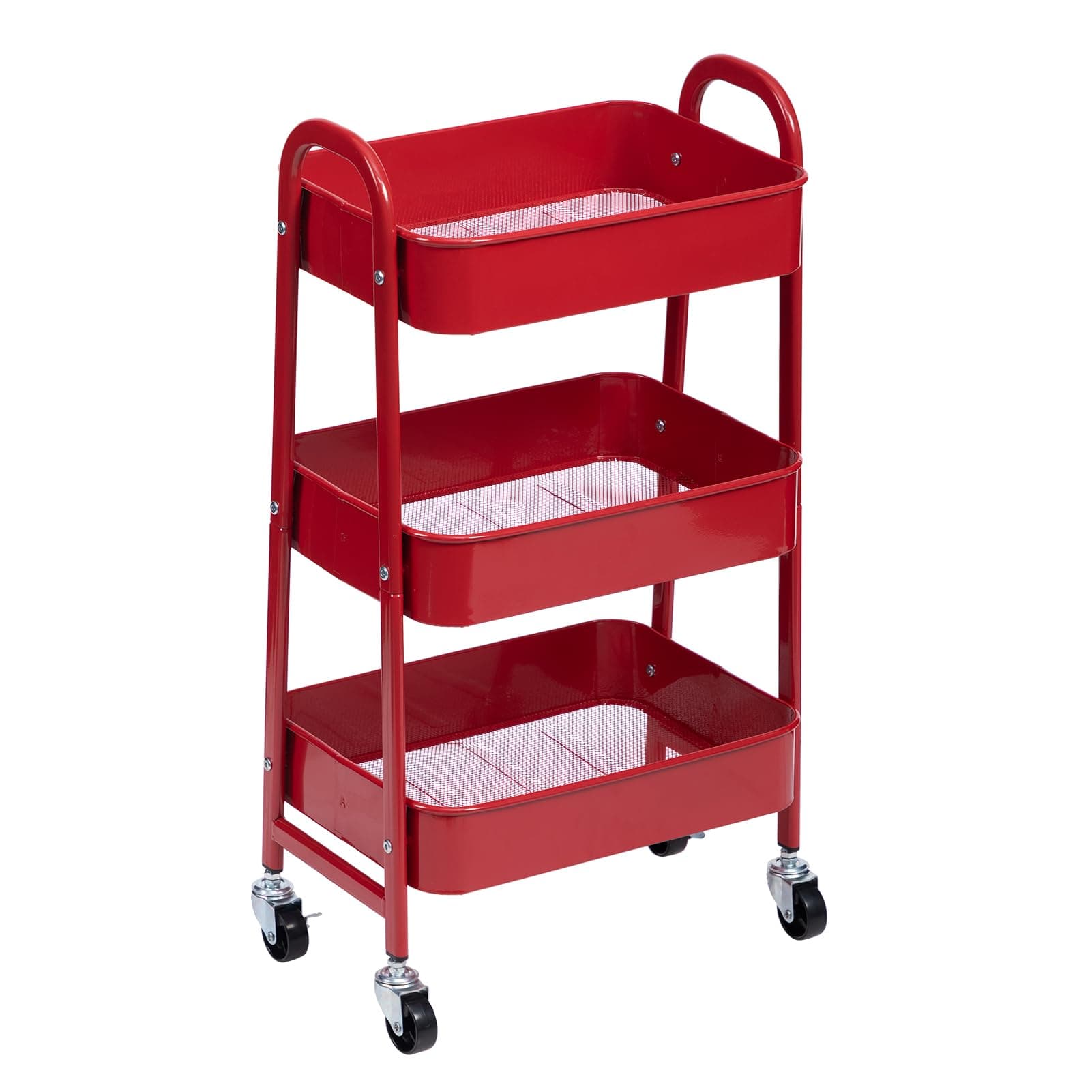 AGTEK Makeup Cart, Movable Rolling Organizer Cart, Red 3 Tier Metal Utility Cart