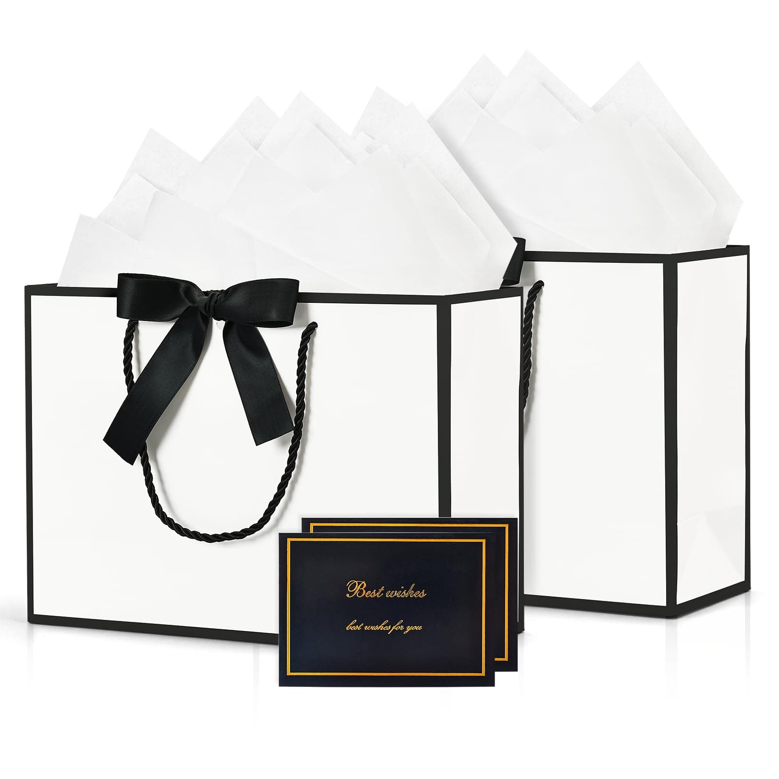 BBLIKE Medium Gift Bags for Present - 2 Pcs Birthday Gift Bag with 4 Wrappers and 2 Cards, Luxury Paper Bags with Handles for Girls Boys Wedding Party Christmas Valentines Bridesmaid (White Black)