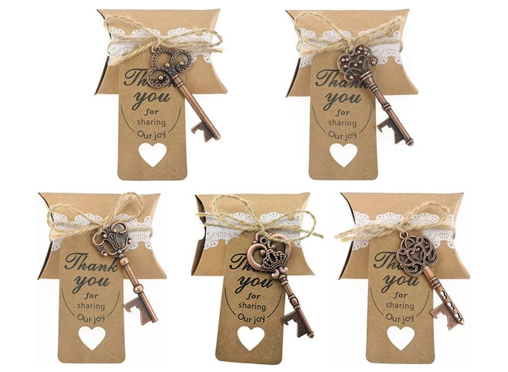 Wedding Party Favor Set,Skeleton Key Bottle Openers Candy Boxes Escort Tags and Jute Rope Souvenir Gift Set(Red Copper Tone,50 sets with 5 Styles)