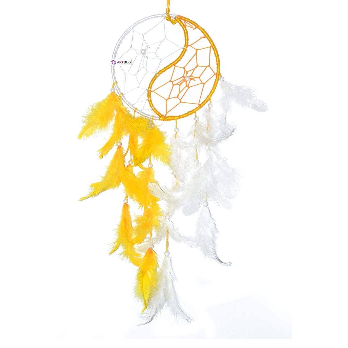 ARTBUG metal Yin Yang Dream Catcher Wall Hanging for Positive Energy and Protection Home/Office/Shop/Rooms (Yellow and White, Big - 6 inch)