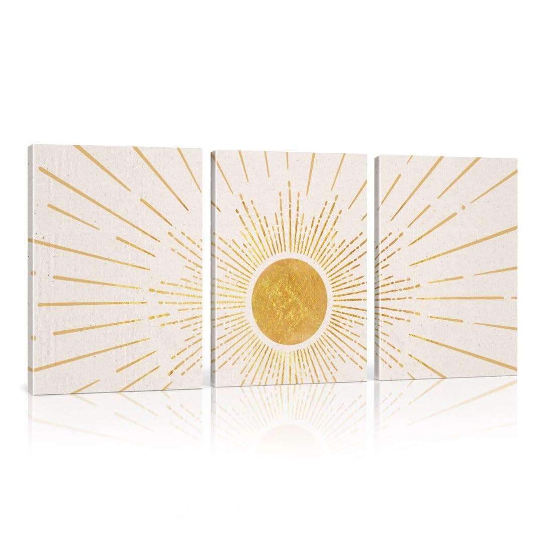 Boho Wall Decor, Set of 3 Modern Gold Boho Sun Wall Art | Framed Canvas Paintings Artwork for Walls, 3 Piece Minimalist Sun Prints Bohemian Wall Hanging for Living Room Hallway Bedroom Kitchen Dining Room Office Bathroom