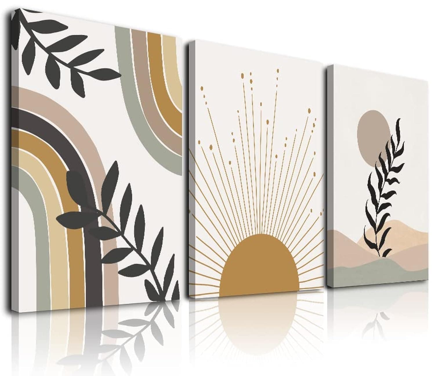 KBKBART Minimalist Boho Wall Art, Decor, Canvas Art Sun Moon Palm Leaf Mountain Rainbow Beige Artwork Prints, Neutral Geometric Mid-Century Modern Posters, yellow (AMZT155)