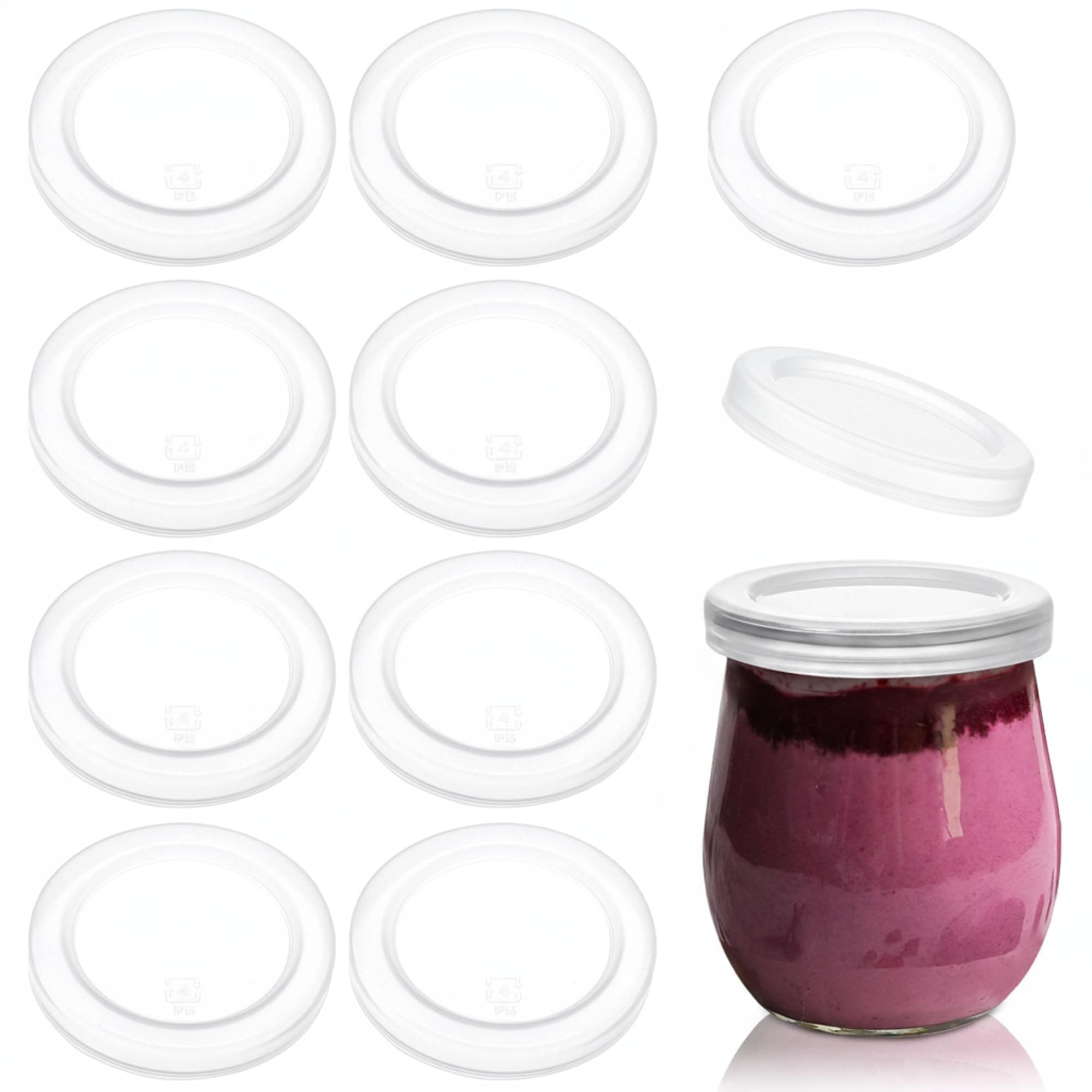 Hoolerry 10 Pcs Yogurt Jar Lids Set 2.64 Inch Clear Plastic Food Storage Replacement Lids Covers Compatible with Oui Yogurt Jars for Coffee Cookie Supplies (10 Pcs, 2.64 Inch)