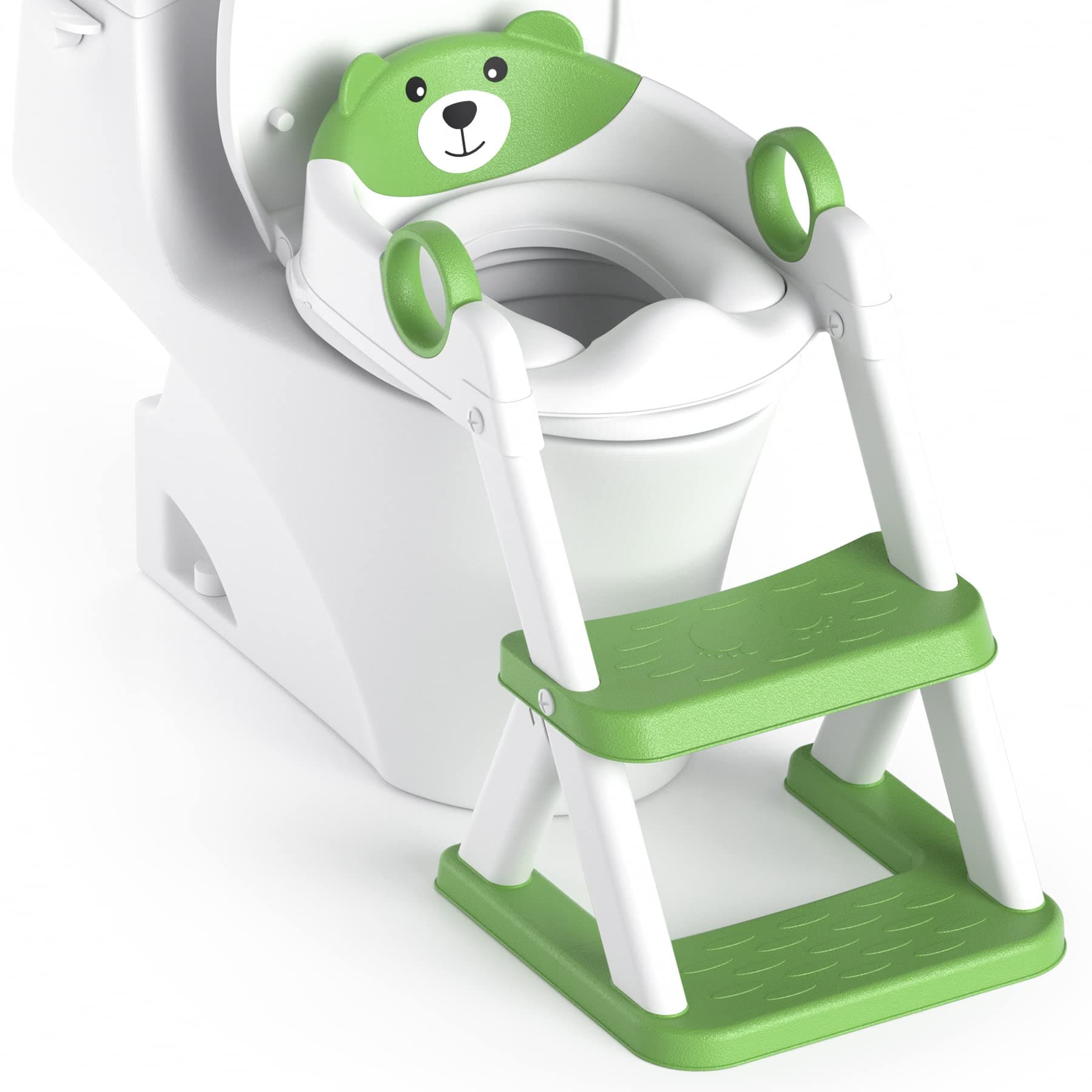 Bear Potty Training Seat, Upgrade 2 in 1 Toddler Toilet Seat,Splash Guard Anti-Slip Pad Step Stool,Green