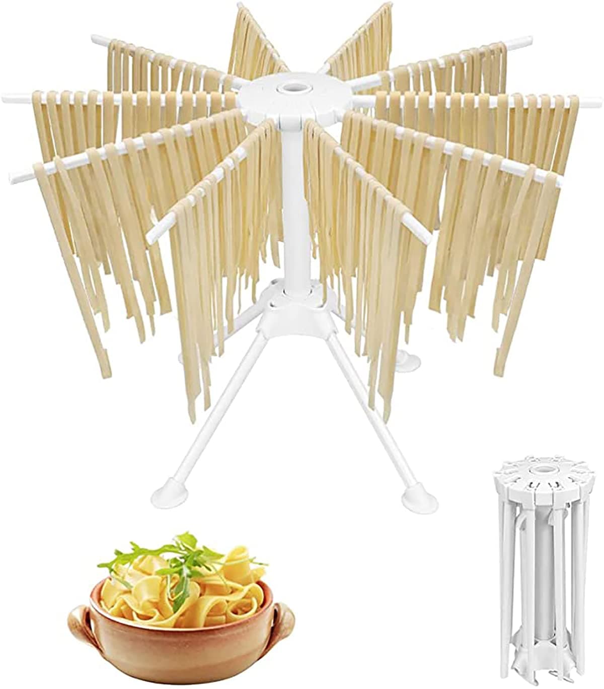 Collapsible Pasta Drying Rack with Pasta Cutter Plastic Household Noodle Stand with 10 Bar Handles Spaghetti Drying Rack Noodle Stand for Making Pasta Maker Noodles (White)