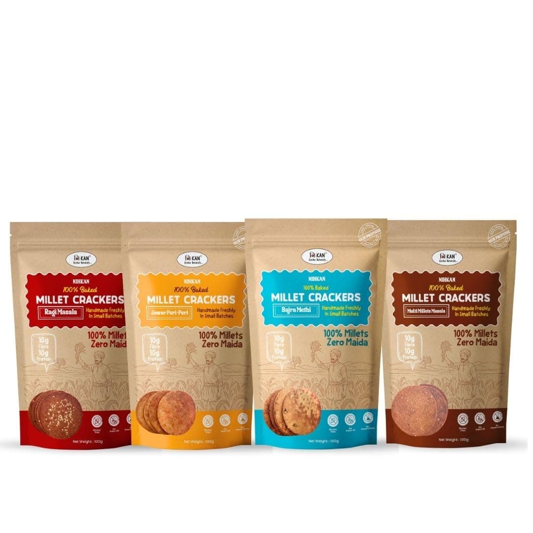 NIHKAN Baked Millet Crackers Ragi Jowar, Bajra & Multi All Flavours Combo - Healthy Snacks, No Wheat, No Maida, High protein & High Fibre (Combo of 4, Ragi, Jowar, Bajra & Multi)