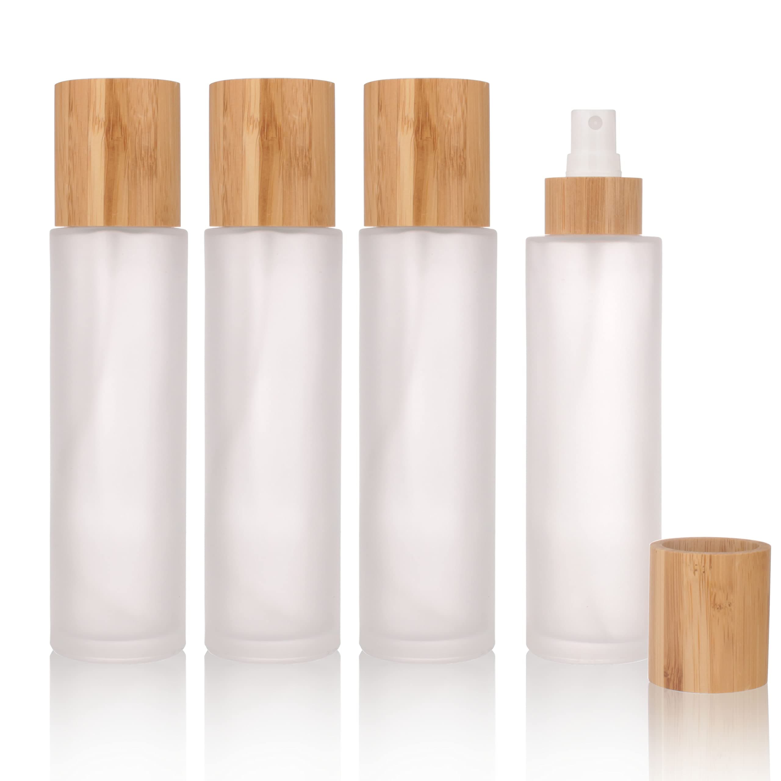 COSIDEA 4 pcs Small Empty 5oz/150ml Frosted Glass Spray Bottles with Bamboo Lid, Fine Mist Dispenser Head for Empty Perfume Bottle, Toiletries Containers, Toner Bottles