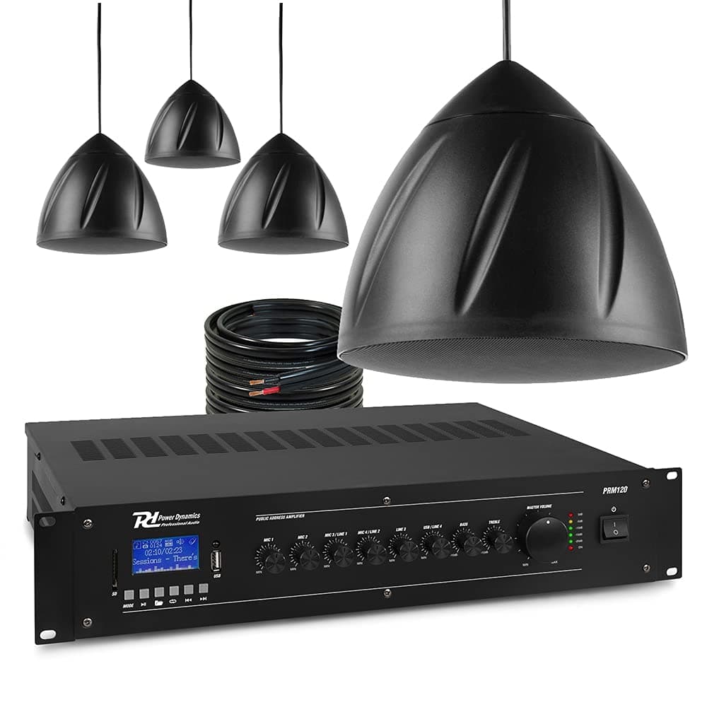 Power Dynamics Pendant Speaker System, Bluetooth Commercial Sound System with Mixer-Amp, 4x 5.25-inch Hanging PA Speakers, Warehouse, Restaurant & Retail Audio Installation, Black