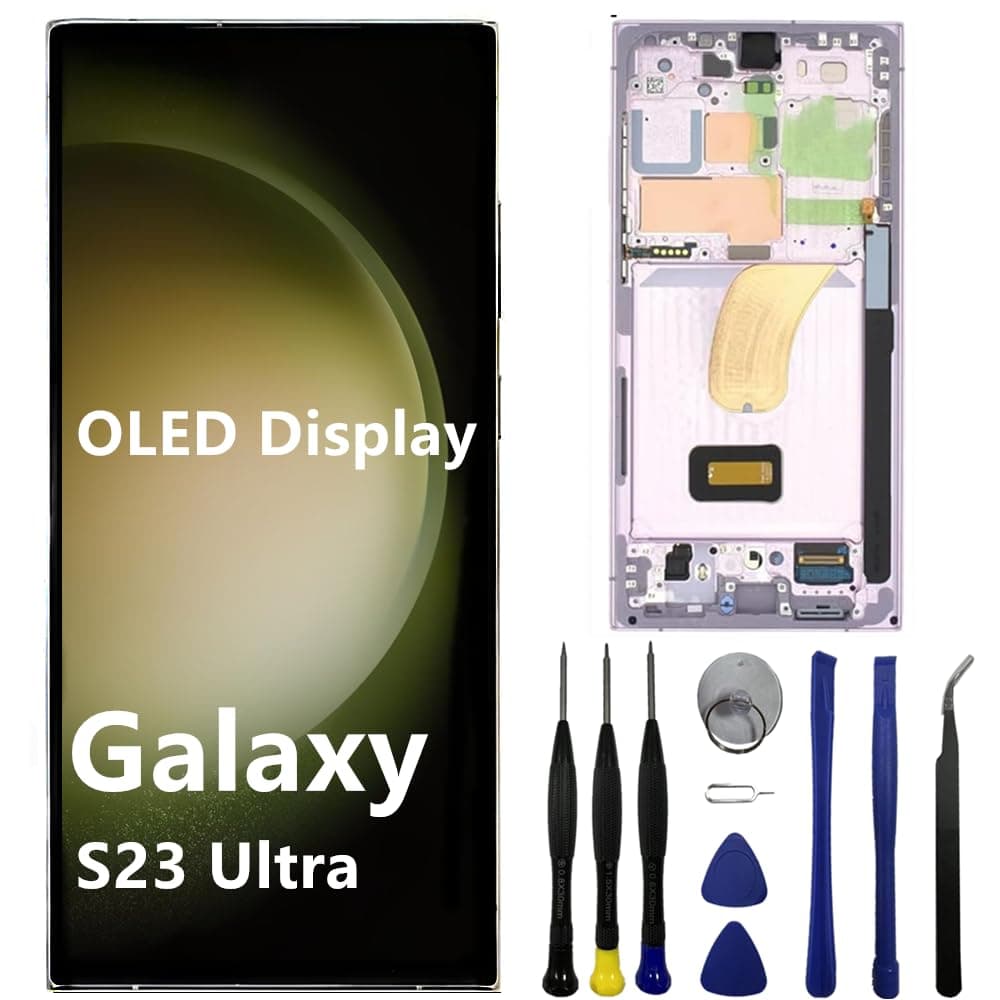 OLED for Samsung Galaxy S23 Ultra Screen Replacement S23ultra 5G S918U S918B/DS S918U1 S918W S918E LCD Display Touch Screen Digitizer Assembly Support Fingerprint and S-Pen (with Purple Frame+Tools)