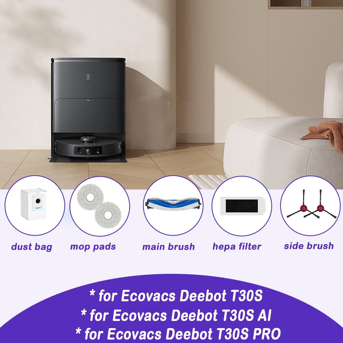 Replacement Parts for ECOVACS DEEBOT T30s Pro/ T30s Robot Vacuum, Accessories Kit Including 1 ZeroTangle Brush, 4 HEPA Filters, 4 Side Brushes, 6 Mop Pads, 4 Dust Bags