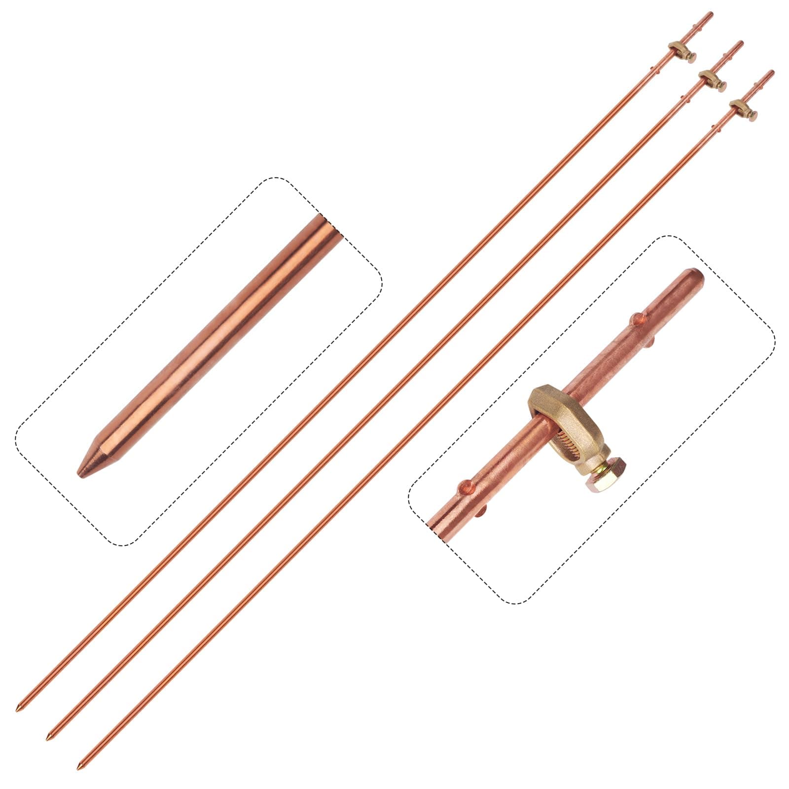 3 Pack Grounding Rod with Clamp 4 Feet Long Copper Electrical Ground Rod for Electric Fences Satellite Dishes Generator Grounding Earthing ((Set of 3) 3/8’’ x 4 Feet Ground Rod Kit)