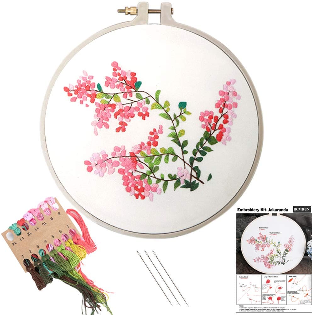 Embroidery Kit, Creative Flower Hand Embroidery Cross Stitch Starter Needlepoint Crafts Kit with Color Pattern Cloth, Embroidery Hoop, Color Threads and Tools Kit for Home Decor (Jakaranda)