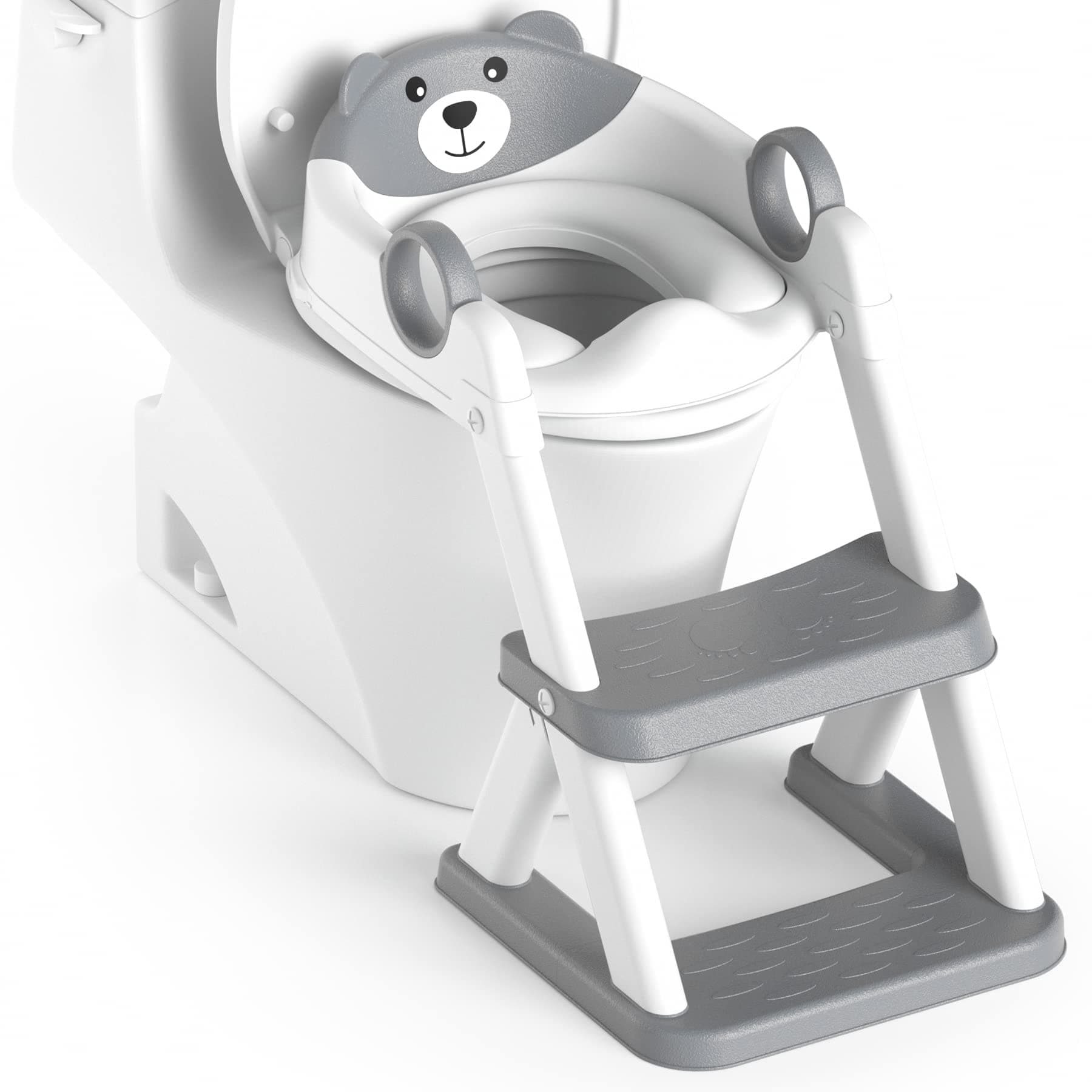 Bear Potty Training Seat, Upgrade 2 in 1 Toddler Toilet Seat,Splash Guard Anti-Slip Pad Step Stool,Grey