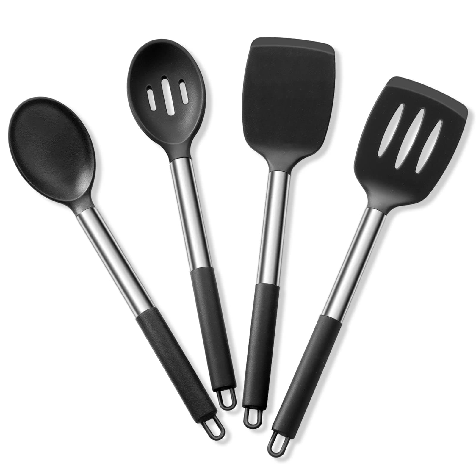 E-far Cooking Utensils Set of 4, Silicone Kitchen Utensils for Non-Stick Cookware, Heat Resistant & Non-Toxic Slotted Spatula Solid Spoon Turner for Flipping Mixing Serving Basting(Black)