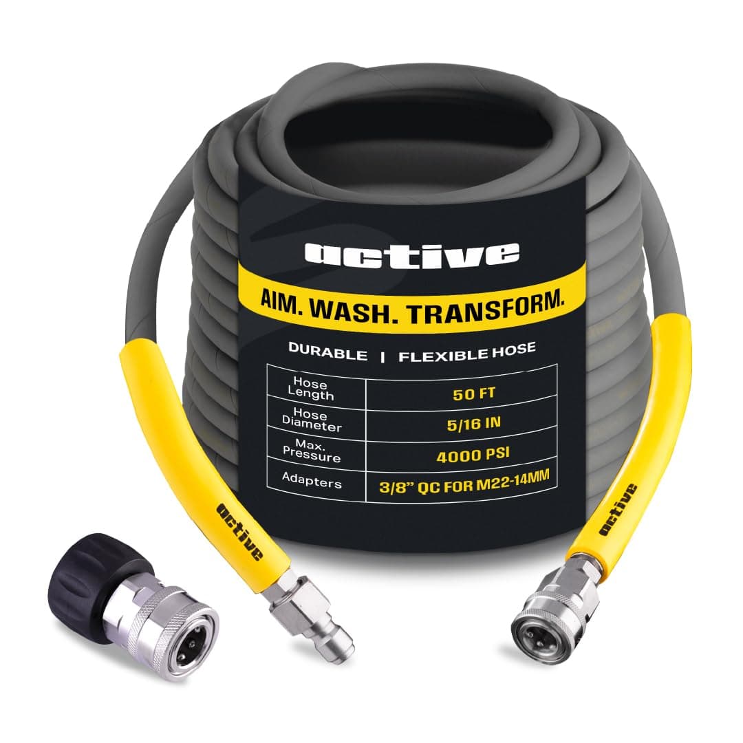 ACTIVE Pressure Washer Hose 50 Ft 5/16" - Kink Resistant Steel braided Power Washer Hose for All Electric & Gas Pressure Washers, Flex Hose w/Max 4000 PSI & 12 GPM at a peak temperature of 212F