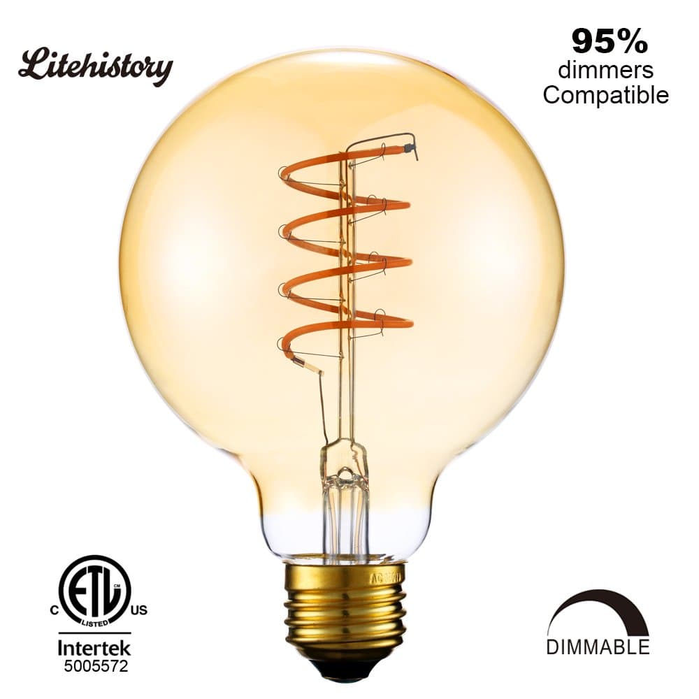 LiteHistory Deep Dimmable 4W G30/G95 Vintage led Edison Bulb,ETL Spiral Flexible led Filament Bulb,E26 Antique Squirrel cage Bulb,140lm,40W Equivalent,Ultra Warm White 2200K,Amber Glow/Tinted,1-Pack
