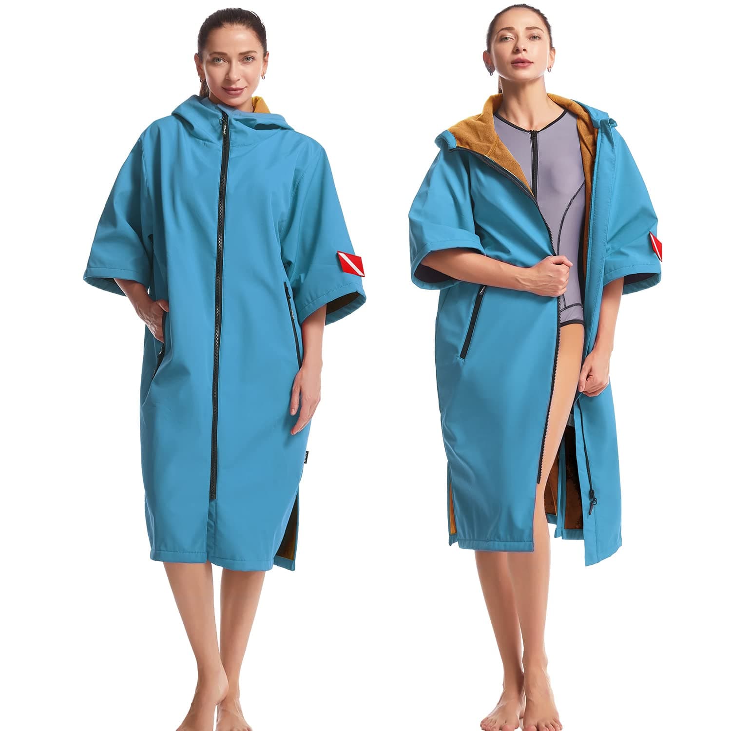 Hiturbo Waterproof Windproof Swim Parka, 3/4 Sleeve Changing Robe Coat with Hood Warm Coat for Surfing Swimming Water Sports