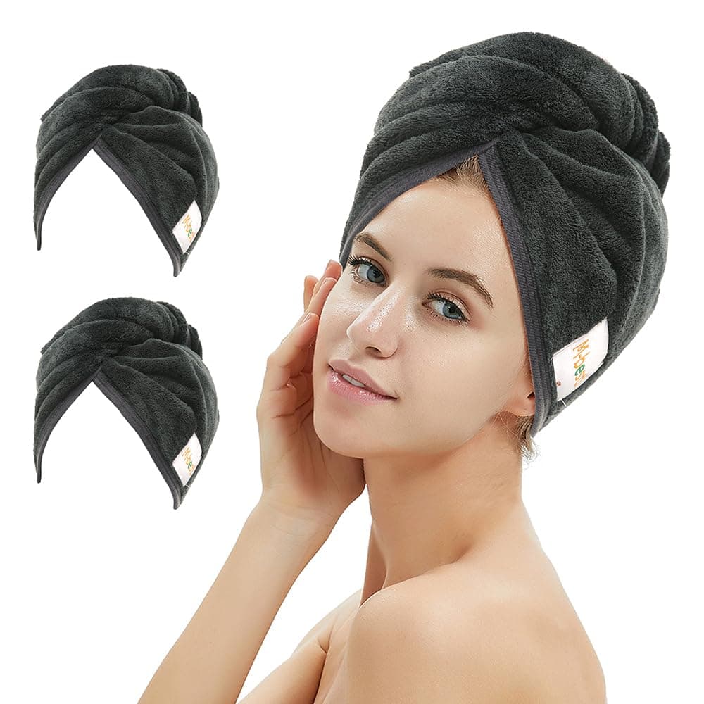 2 Pack Microfiber Hair Towel Wrap,Hair Drying Towel with Button,Absorbent and Anti-frizz Head Towel to Dry Hair Quickly (Black)